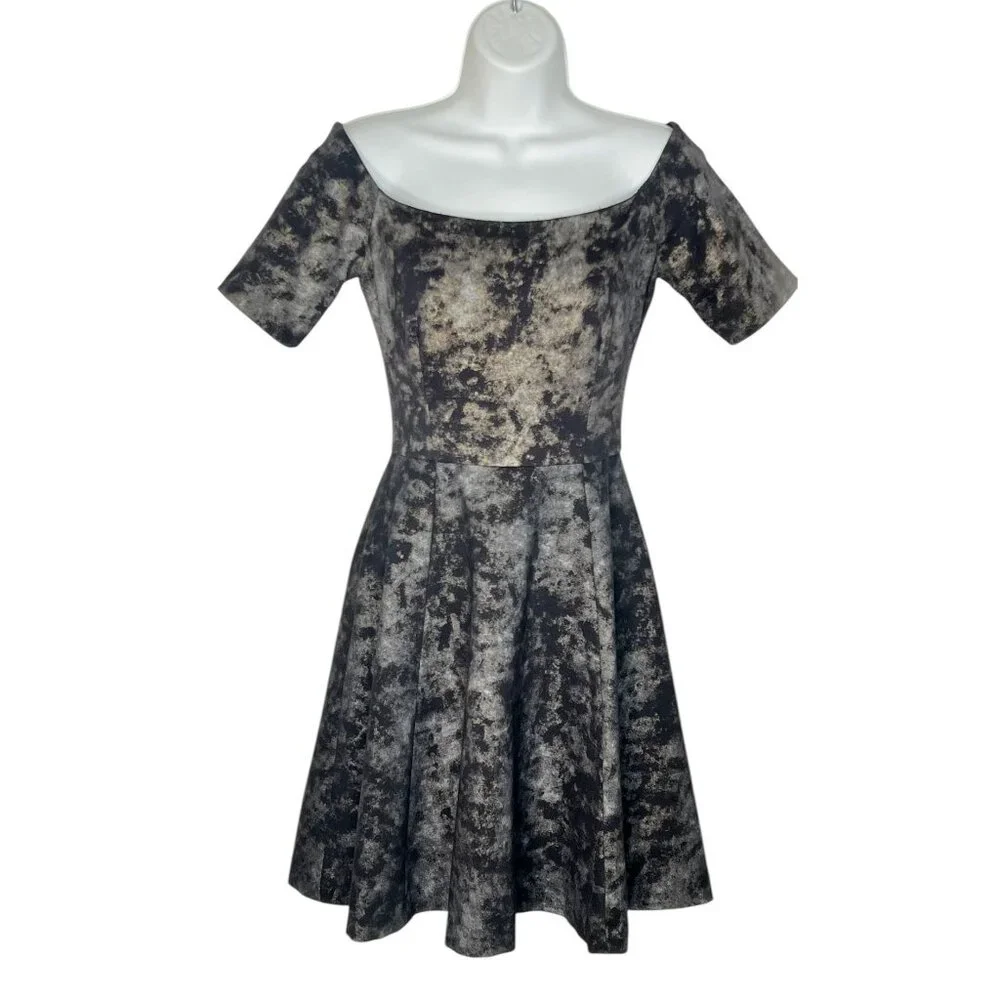 Hunter Bell Metallic Marble Mini Skater Dress Black Silver Gold XS